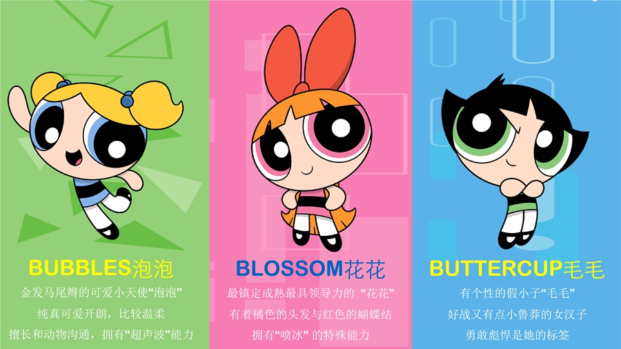 由此诞生拥有超能力的三位飞天小女警—花花(blossom),泡泡(bubbles)