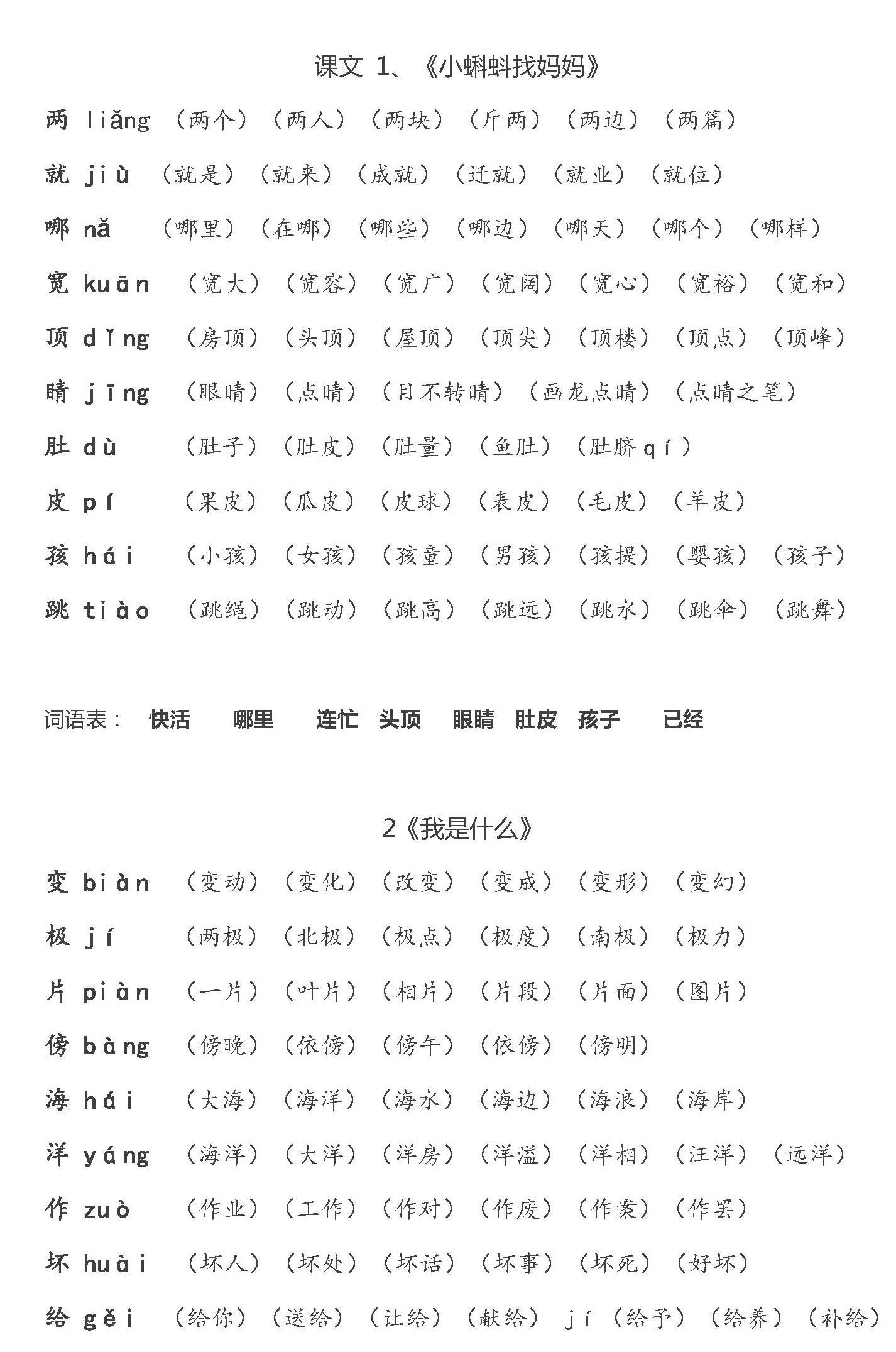 部编版语文二年级上册全册生字组词(可下载打印)