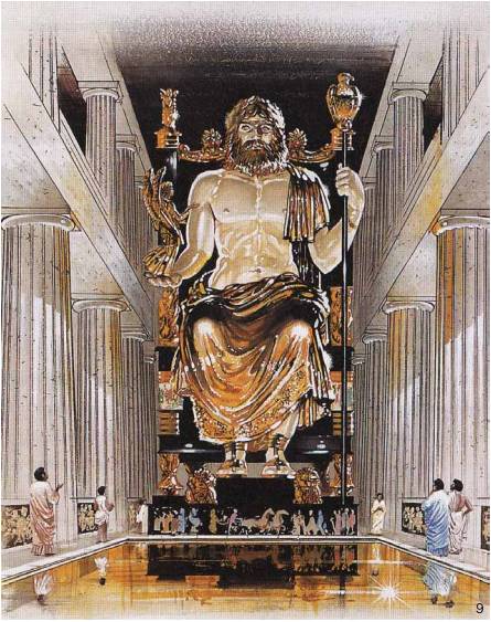 菲迪亚斯为奥林匹亚的宙斯神庙制作的一尊黄金象牙的宙斯雕像(约建于