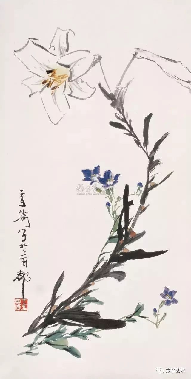 王雪涛 月季 点写花瓣有方圆,表现层次深衬浅.