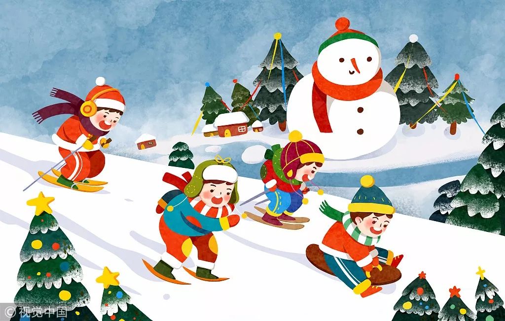 评析:画面洋溢着孩子们滑雪的欢声笑语,披上圣诞节日装扮的雪松,戴着
