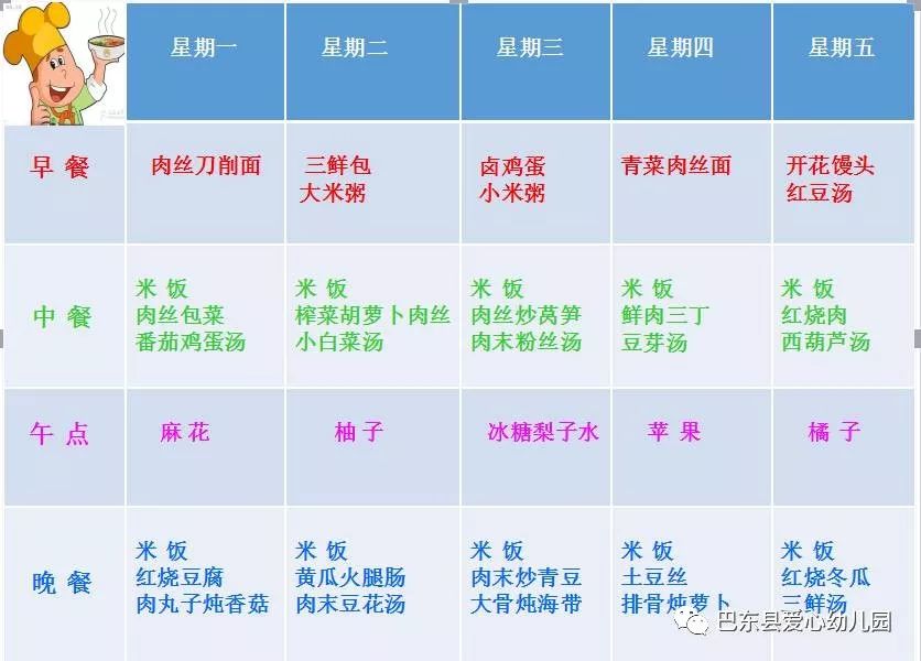 巴东县爱心幼儿园每周营养食谱——12月11日至12月15日