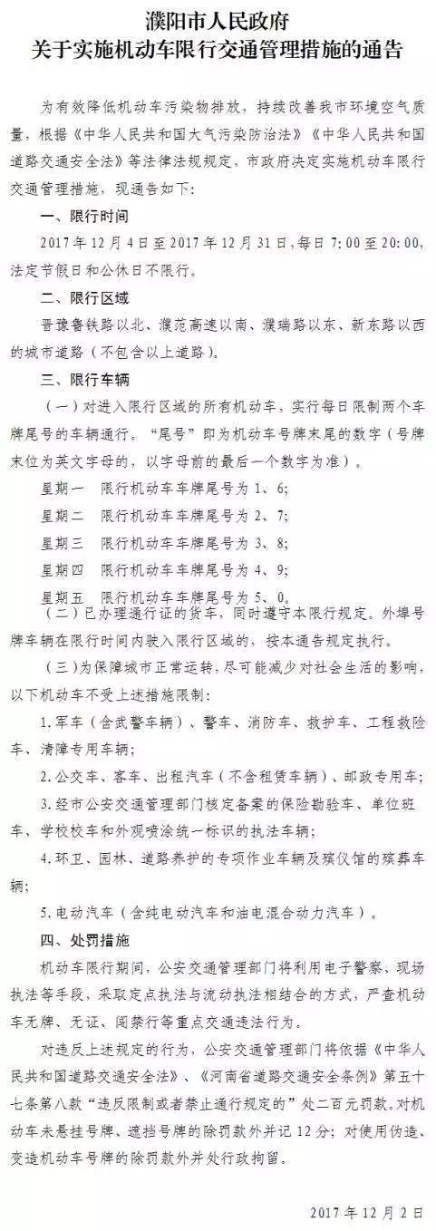 濮阳清丰县12月15日开始也要实施限号了!