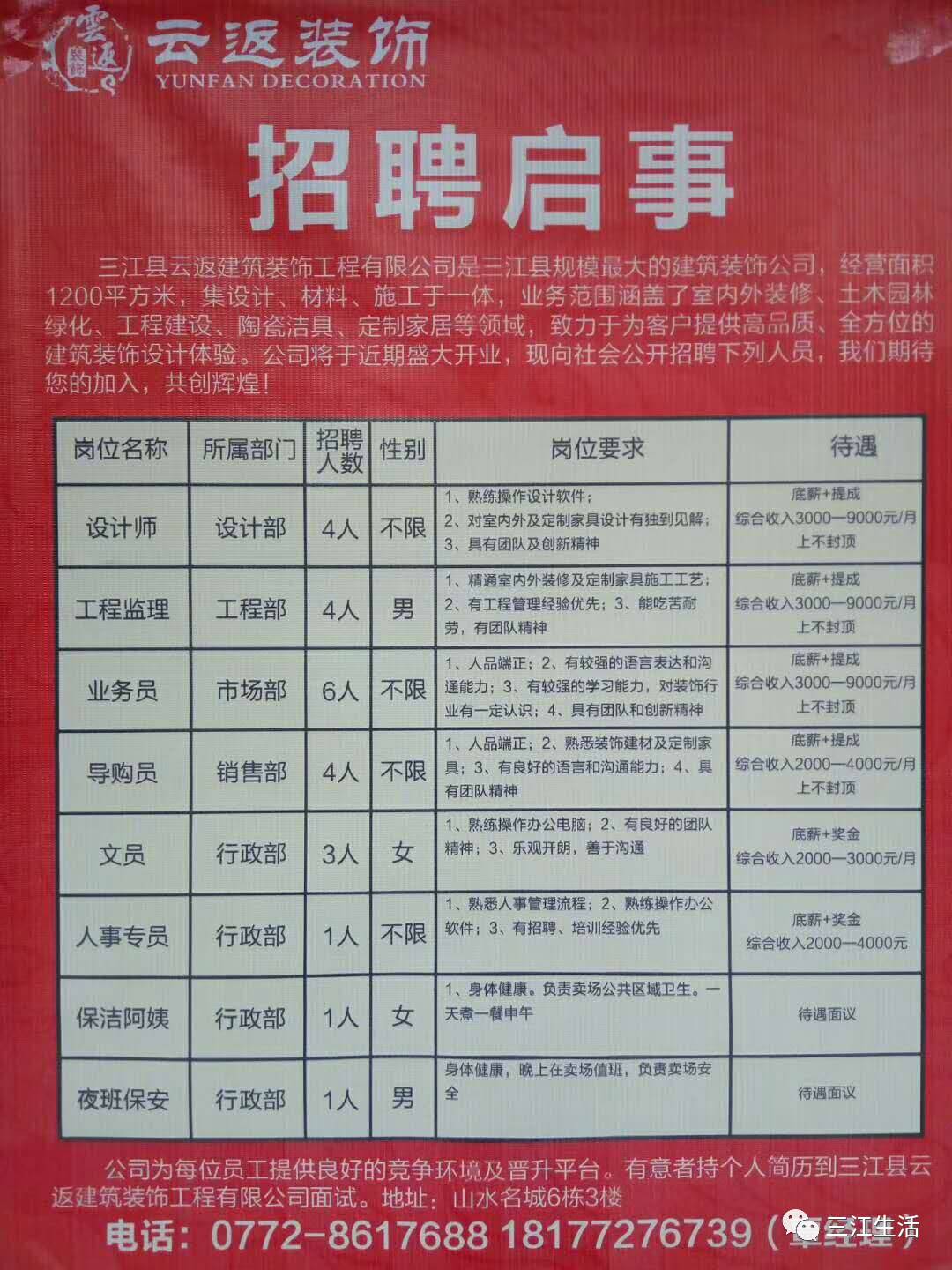 本厂洁保餐消有限公司因扩大业务,急招三名女工,三十岁至四十五岁,有