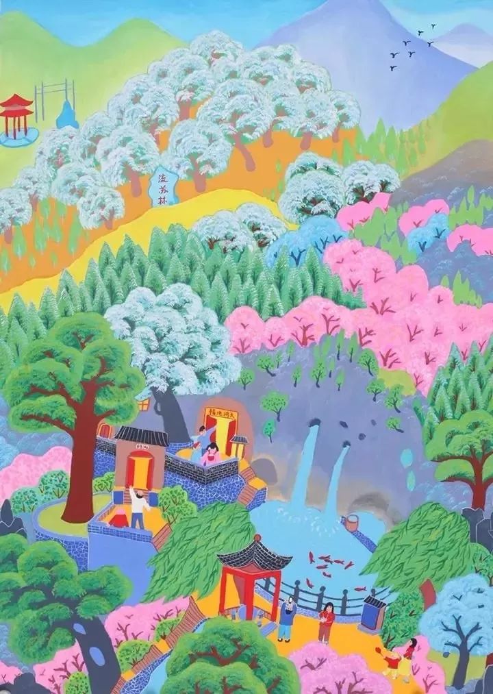 青州农民画《雀山我美丽的家乡》