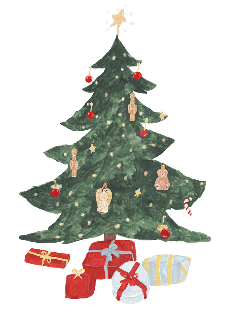 挂满装饰的圣诞树 可爱的驯鹿拉着雪橇 和蔼的圣诞老人带来礼物 还有