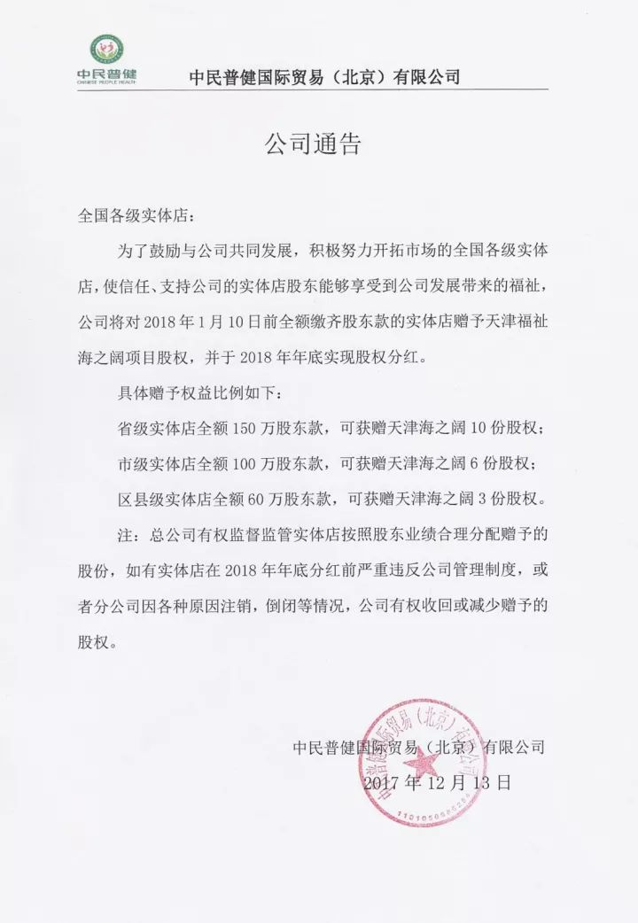 中民普健国际贸易(北京) 有限公司通告