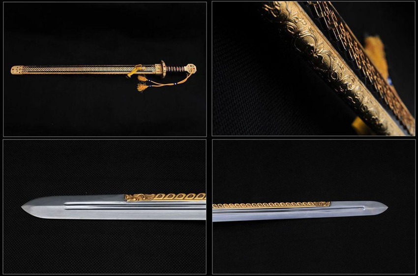 9cm,剑背鎏金雕龙直抵剑尖,浮雕花纹鎏金吞口,中间正面为隶书"乾隆年