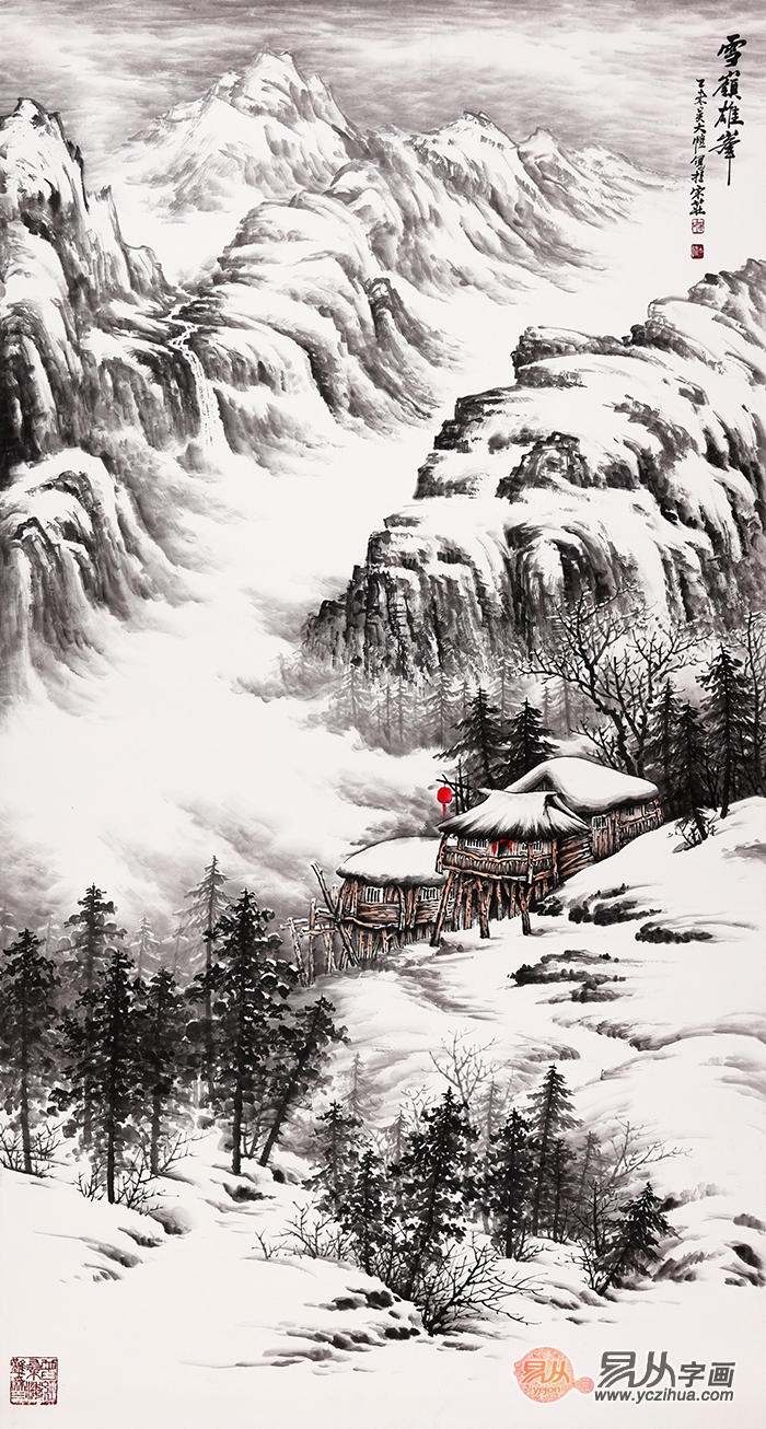 名家类艺术字画欣赏: 雪景国画 吴大恺最新力作山水画《雪岭雄风》