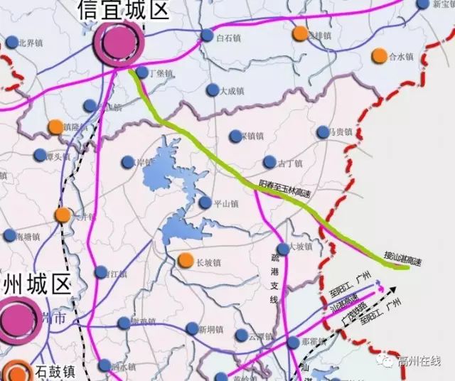 从茂名市城市总体规划图可以看到,阳春至玉林高速公路途径高州大坡