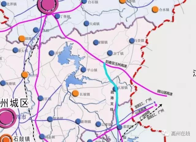 城市总体规划图可以看到,阳春至玉林高速公路途径高州大坡,古丁,平山