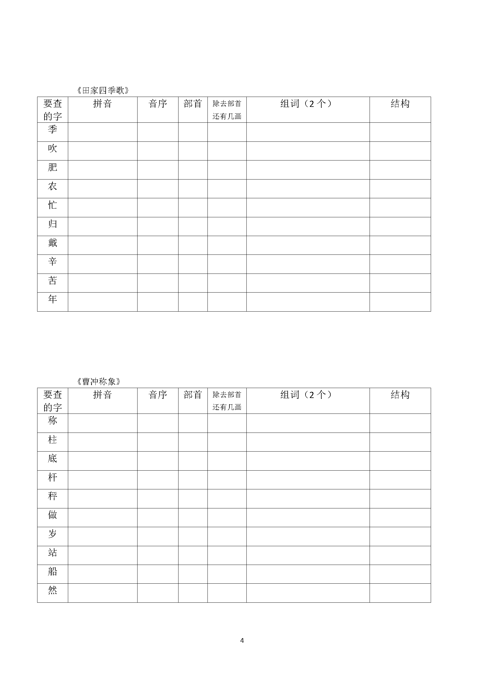 部编版二年级语文上册"我会写"生字查字典考察表格