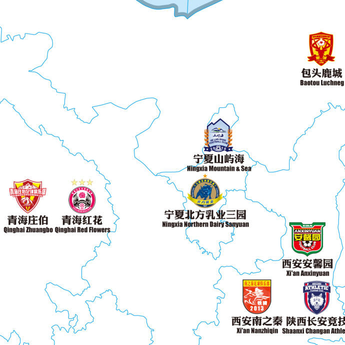西北及华北等地,甘肃省成唯一一个没有球队的省份 华东,华中地区 在图片