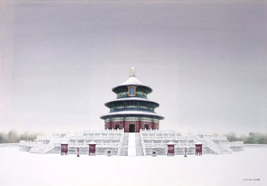 皇家建筑系列·天坛初雪 2016年 55×79 写实水彩画▲皇家建筑系列