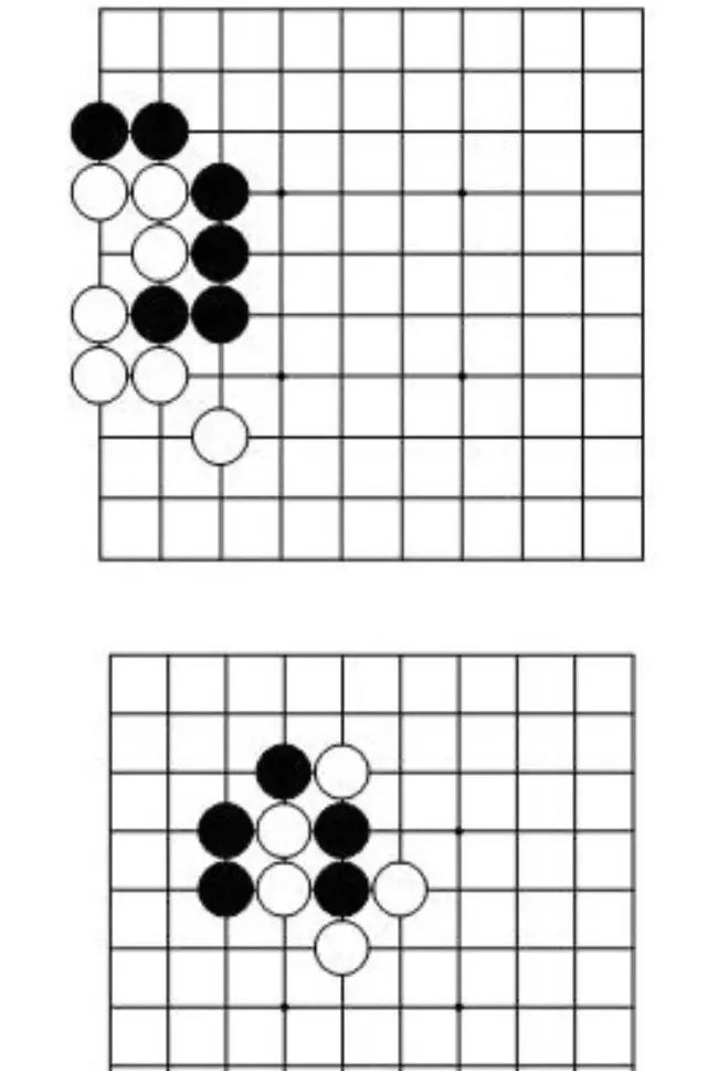块:棋盘上相同颜色的棋子有线相连且离得最近的,就叫做一块棋.