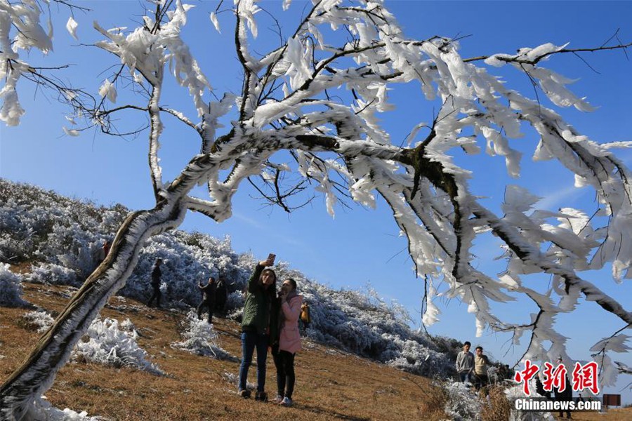 航拍江西石城八卦脑景区雾凇 玉树琼花如诗如画