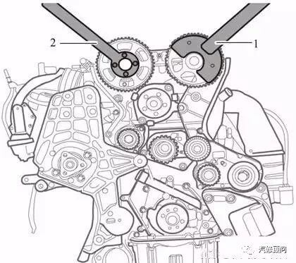 2,使用排气正时齿轮固定工具1调整排气凸轮轴位置(下图).