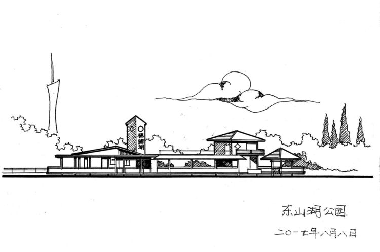 东山湖公园的滨水建筑,具有体型朴实,轻盈通透,中西兼容的特点,并