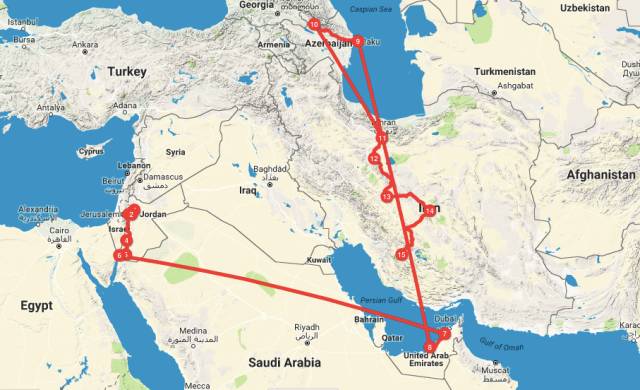 从美国转飞约旦,此后分别游历阿联酋,阿塞拜疆,伊朗和阿塞拜疆.