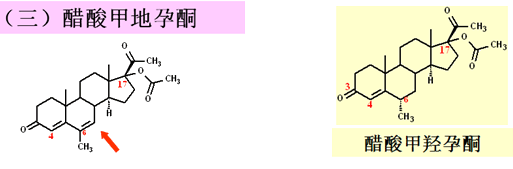 结构:是甲羟孕酮6位引入双键,(即17a位乙酰氧基,6位引入双键,6位甲基)