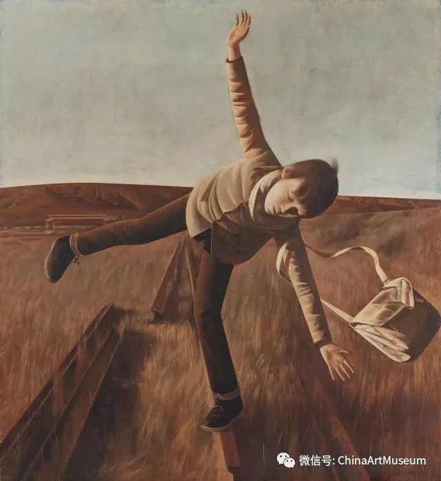 布面油画 1989年 中华艺术宫藏 王岩的《黄昏时寻求平衡的男孩》