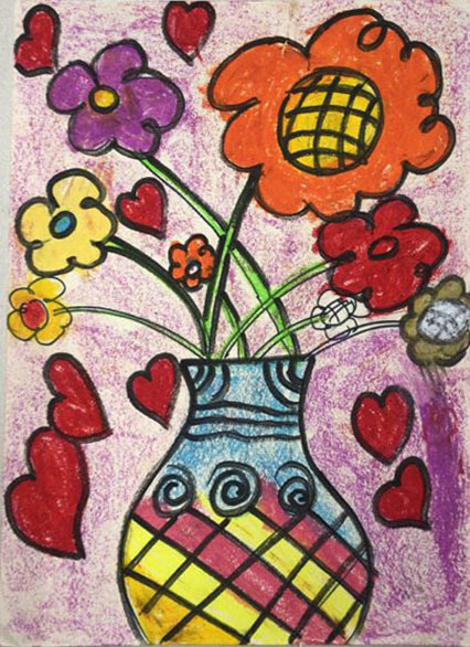 画中的花瓶和花朵用色缤纷绚丽,爱心散落于四周,真是给人眼前一亮的