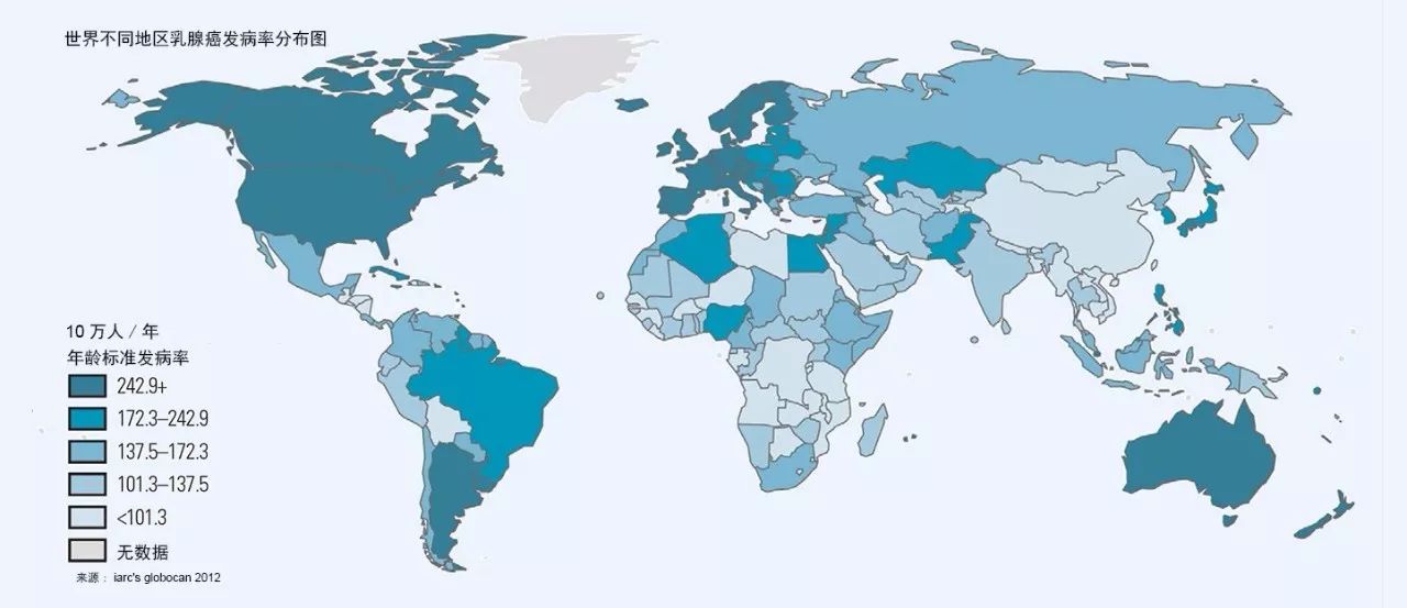 世界不同地区乳腺癌发病率概况