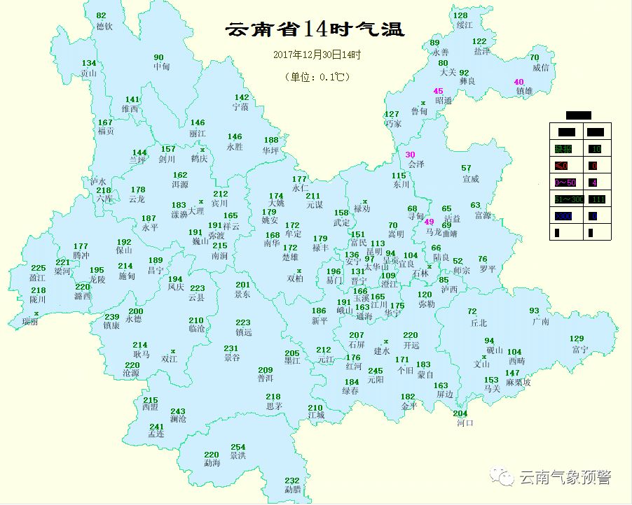 24小时(29日14时——30日14时)变温分布图 省气象服务中心供图 曲靖