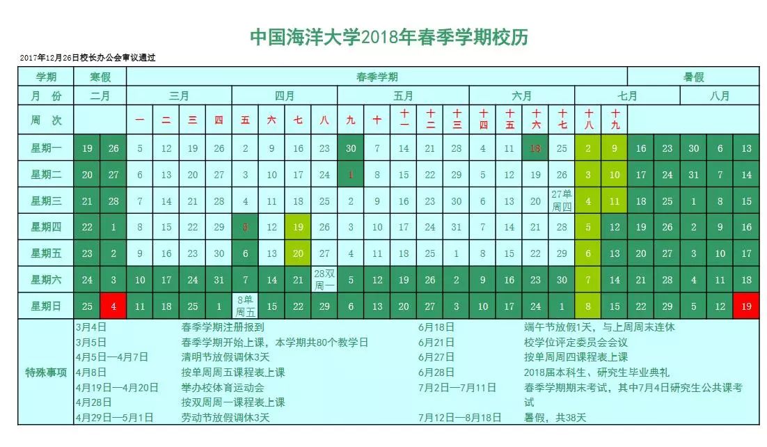 中国海洋大学2018年校历