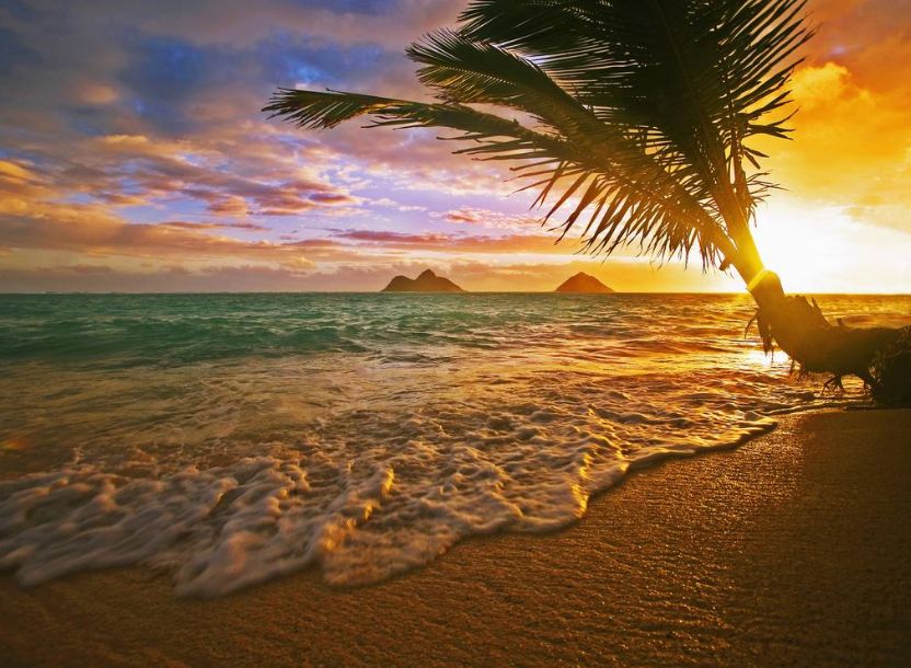 夏威夷岛风光明媚,海滩迷人,日月星去变幻出五彩风光,晴空下,碧蓝的