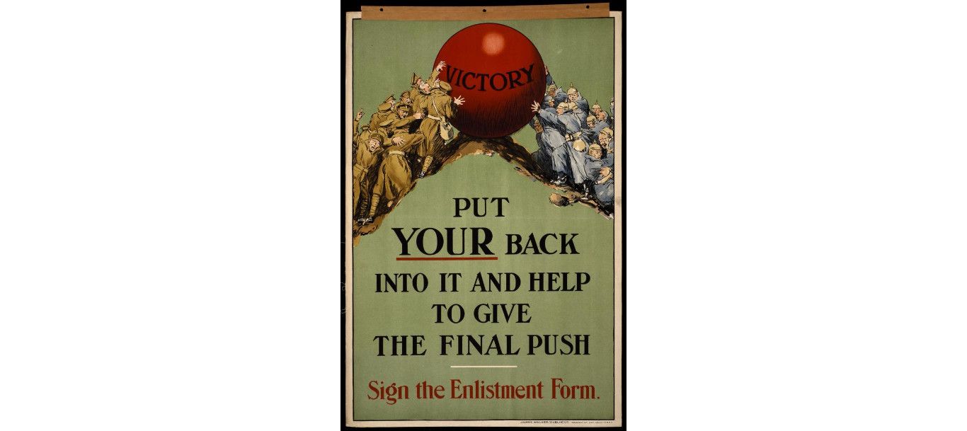 该国加入一战后,动员男女参军入伍,征兵海报把战争描述得很伟大