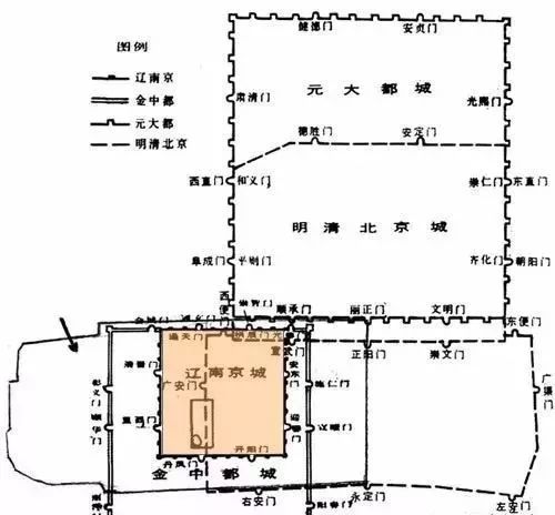 辽南京,金中都,元大都,明清北京城关系示意图,黄色部分为辽南京城.