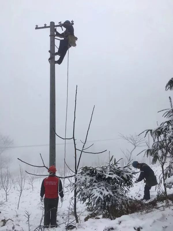 利川屋脊寒池山上,电力工人正在抢修线路.