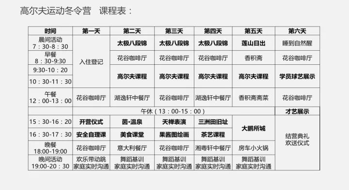 上午:莲山日出,太极八段锦,高尔夫课程 下午:大鹏所城探秘 晚上:舞蹈