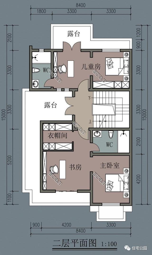 三层的布局跟二层相比,没有太大的变化,主卧为套间设计,儿童房可看做