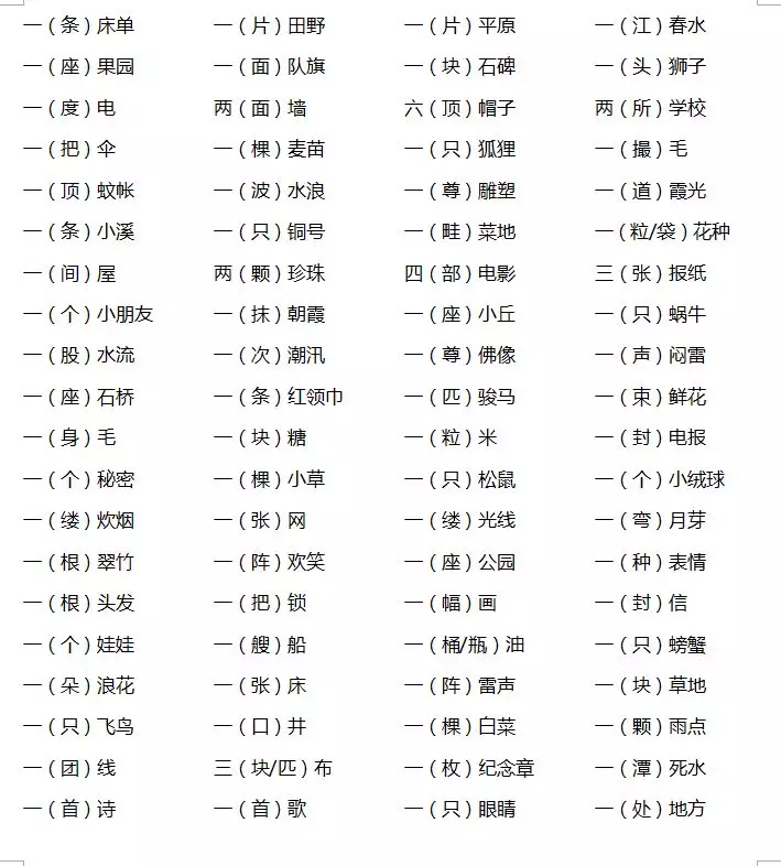 小学语文量词填空一二年级学生学习必备快为孩子收藏