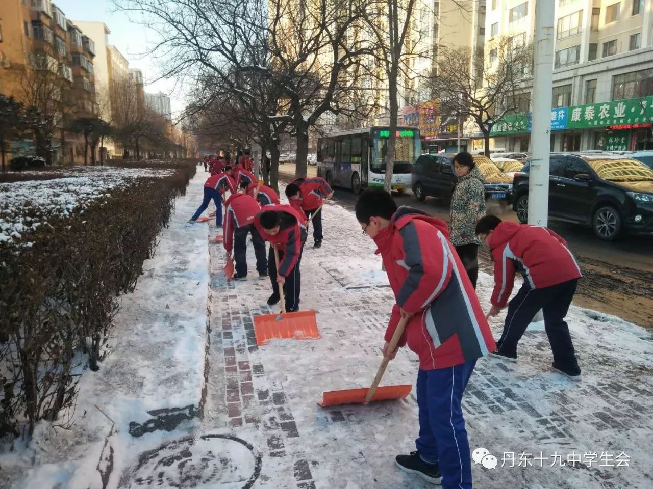 迎创城除积雪美校园十九中学生社会实践活动