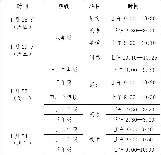 小学期末考时间表