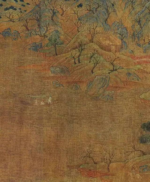 非常珍贵的古代山水画,画幅前隔水处有宋徽宗瘦金书题"展子虔游春图"