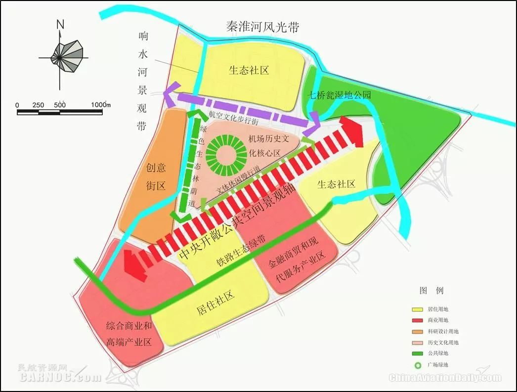 大校场片区呈"一心一轴双环"的空间结构(图3),"一心"指由机场建筑历史