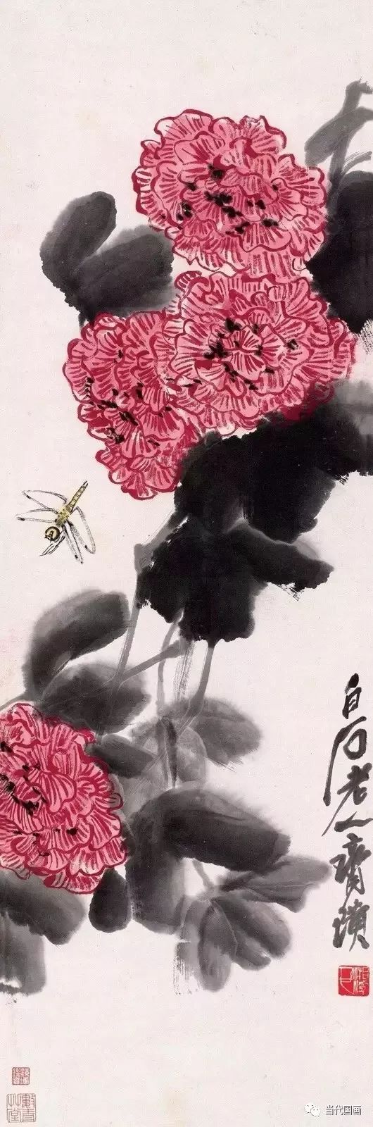 齐白石《芙蓉水鸭》,水波粼粼,凫鸭悠游,几枝芙蓉,倒临清影.