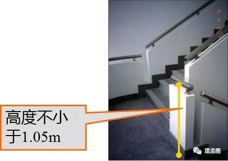 栏杆扶手高度应从踏步前缘垂直量 至扶手顶面 室内高度≥900mm; 水平