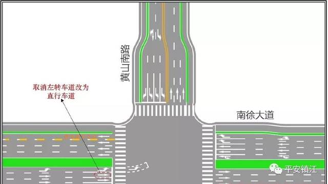 黄山南路口2个路口西侧的车道进行调整,将2左转3直行调整为1左转4直行
