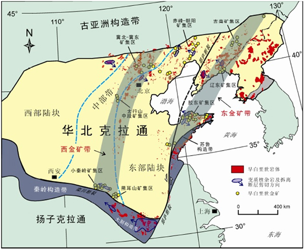 图2 华北克拉通早白垩世主要金矿集区分布