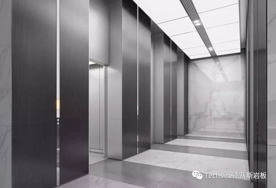 电梯厅采用了一个 牛头图案的板材,设计师将材料的图案在电脑三维