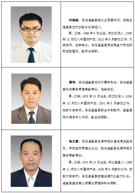 遂昌县拟提拔任用或转任重要岗位领导干部 任前公示通告(2018)第1号