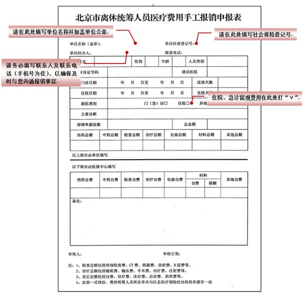 2,北京市离休统筹人员医疗费用手工报销申报表原件2份