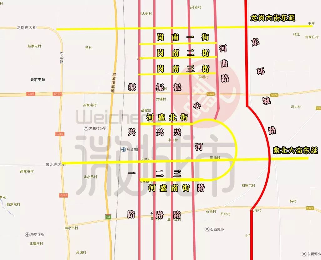 大多数位于邢台东站周边 按照规划 邢台东站周边的道路位置 如下图