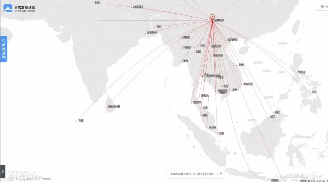 昆明南亚/东南亚航线 飞常准航线图 map.variflight.com