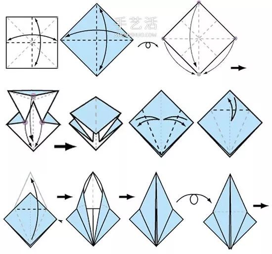 折纸千纸鹤的步骤,从一张正方形彩纸开始.
